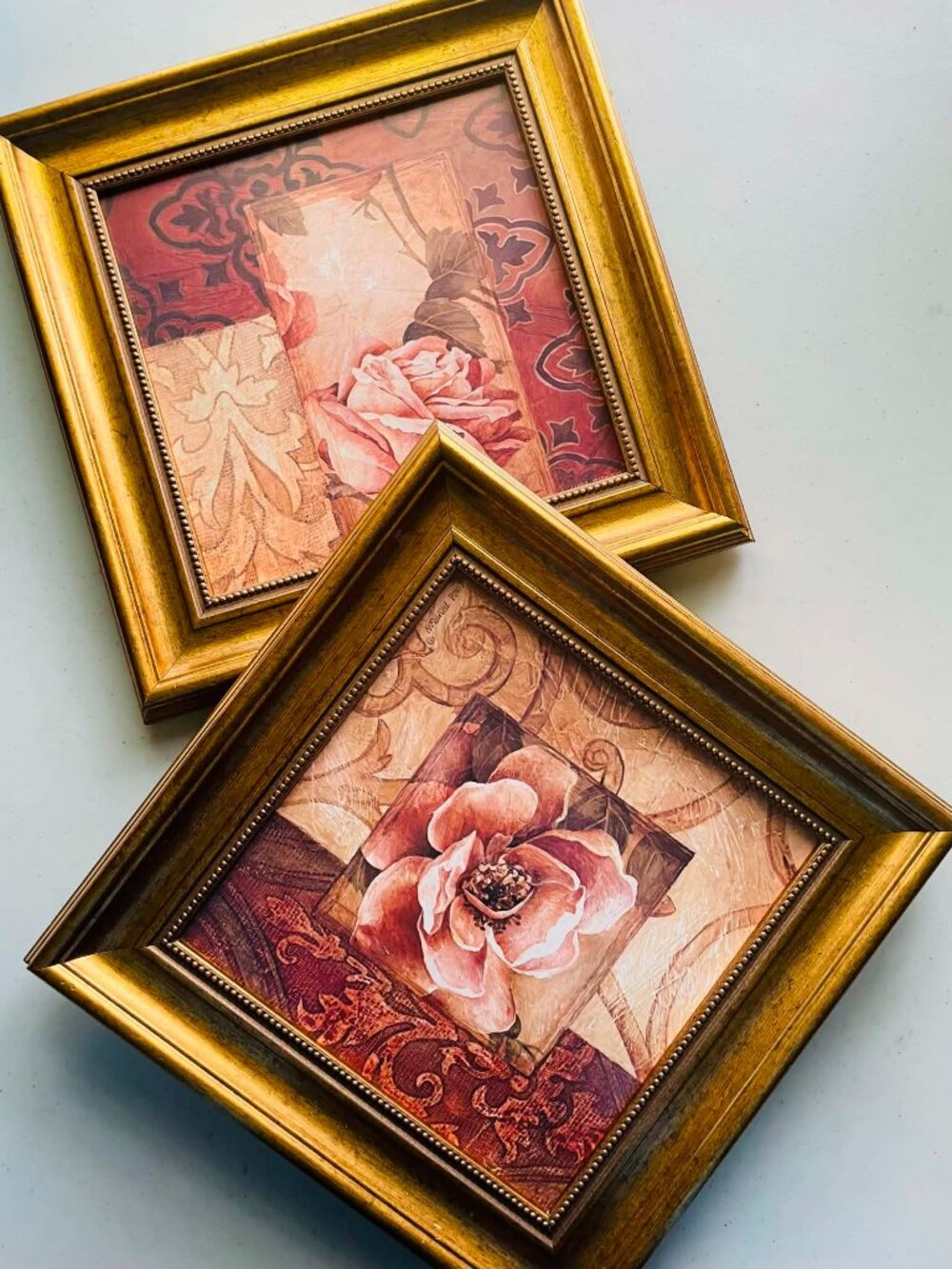 Linda Thompson Floral Framed Art Set of 2, 90s Romantic Wall Decor wood frame